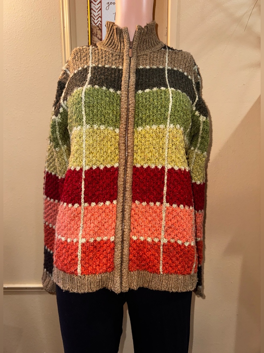 Dress Barn Chunky Knit Patchwork Zip Up Sweater Medium Grandmacore
